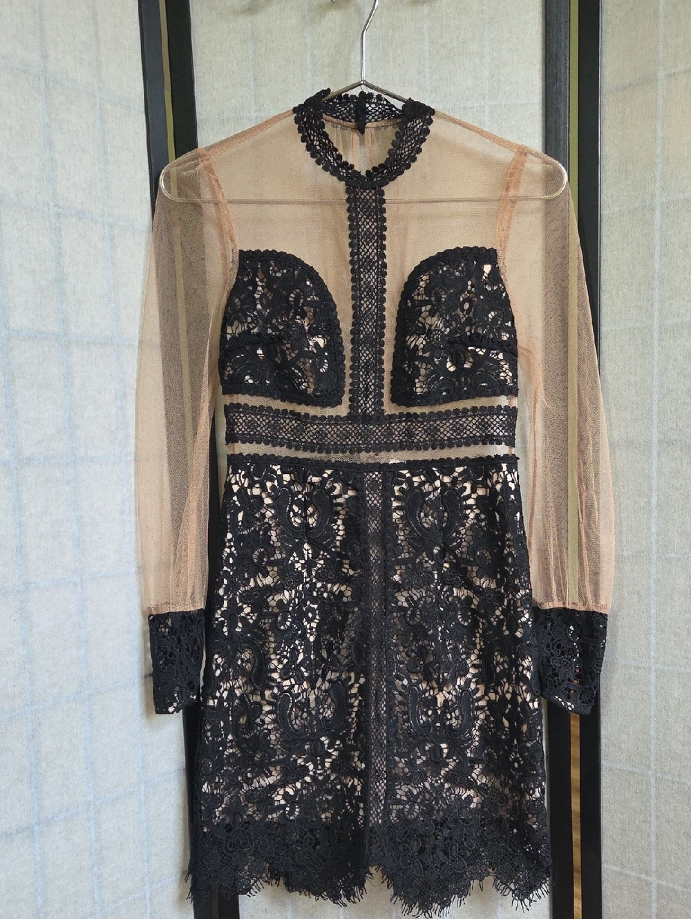 L'ATISTE Black Lace Overlay with Nude Illusion Long Sleeve Dress